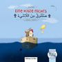 Titel: "Eine Kiste Nichts". Illustration einer Kiste im Meer mit einem Esel und einem Huhn darauf, umgeben von Luftballons.