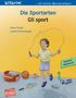 Text: "Die Sportarten. Gli sport. Deutsch Italienisch." Illustration: Ein Kind springt Seil, umgeben von Sportausrüstung.