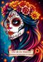 "Dia de los Muertos. Ausmalbuch für Erwachsene und Teenager."  
Illustration: Buntes Gesicht mit Blumen im Haar., Buch