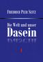 "Friedrich Peer Seitz, Die Welt und unser Dasein" in Weiß auf blauem Hintergrund, mit geometrischen Formen., Buch