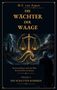 "Die Wächter der Waage. Phase I: Die Schatten kommen. M.F. Van Aspen." Goldene Text und Symbole auf blauem Hintergrund., Buch