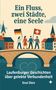 "Ein Fluss, zwei Städte, eine Seele. Laufenburger Geschichten über gelebte Verbundenheit. Knut Diers." Illustration: Vier Menschen auf Brücke mit Flaggen.