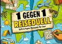 „1 gegen 1 Reiseduell. Stift & Papier Minispiele für Zwei.“ Bunte Illustrationen: Weltkarte, Flugzeug, Sonnenbrille, Labyrinth., Buch