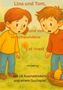 "Lina und Tom, und das verschwundene Osternest." Zwei Kinder schauen überrascht auf ein Osternest auf dem Boden., Buch