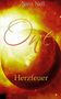 "Nina Nell, One 3 Herzfeuer." Punkt grellgelb-orange im All, strahlend und mystisch, mit großen Planeten im Hintergrund.