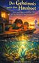 Titel: "Das Geheimnis unter dem Hausboot". Zwei Kinder am Ufer, ein Kristall leuchtet im Wasser, eine Gestalt aus Licht., Buch