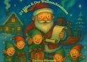 "24 Elfen & Der Weihnachtsmann" oben, "Dennis Hansen" unten. Illustration eines Weihnachtsmanns mit Elfen und Geschenken., Buch