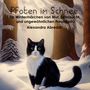 "Pfoten im Schnee. Ein Wintermärchen von Mut, Sehnsucht und ungewöhnlichen Freunden. Alexandra Abredat." Illustration: Eine schwarz-weiße Katze im verschneiten Wald.