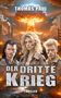 „THOMAS PAUL“, „DER DRITTE KRIEG“, „THRILLER“ auf explosivem Hintergrund mit drei verwundeten Menschen und zerstörter Stadt.