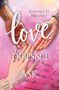 Text: "Florence D. Halliday" und "Love Doesn’t Ask". Hände auf rosa Hintergrund, eine sanfte Berührung andeutend., Buch