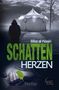 Text: Biba al-Nasiri, SCHATTEN HERZEN, Thriller. Ein düsterer, nebliger Himmel mit einem Zelt und einer Kapuzenfigur., Buch