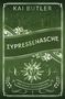 Text: "Kai Butler", "Zypressenasche", "San Amaro Investigations". Stadtsilhouette, Blumen, dekorative Elemente, Sonnen-Logo., Buch