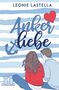 Text: „LEONIE LASTELLA“, „Ankerliebe“. Illustration: Ein Paar sitzt vor einem Hintergrund aus blauen Streifen., Buch