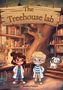 "The Treehouse Lab" steht auf einem hölzernen Schild. Zwei Kinder in Laborkitteln und ein Hund sind in einem Baumhauslabor., Buch