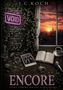 Text: „VOID“, „J.C. KOCH“, „ENCORE“, „Every ending writes a beginning“. Skyline im Sonnenuntergang, offenes Buch, Kaffeetasse., Buch