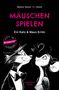 „MÄUSCHEN SPIELEN. Ein Katz & Maus Krimi.“ Illustration einer Katze im Smoking und einer Maus, die sich gegenseitig anschauen., Buch