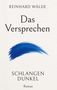Titel: „Das Versprechen“. Autor: Reinhard Wälde. Unten: „Schlangen Dunkel“. Illustration: Blaue Pinselstrich., Buch