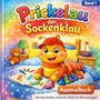 „Prickelau der Sockenklau“ Band 1, Ausmalbuch. Farbiges Cover mit fröhlicher Raupe und umgebenden Elementen im Kinderzimmer., Buch