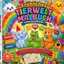 "Fröhliches Tierwelt Malbuch", "Freude", "Mut", "Spaß". Ein Elefant, Krokodil und Bär in einer bunten, fröhlichen Illustration., Buch