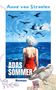 "Anne van Straelen. ADAS SOMMER. Roman." Eine Illustration einer Frau im roten Badeanzug, die aufs Meer blickt, umgeben von Vögeln., Buch