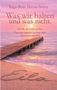 „Inga-Britt Meyer-Stüve: Was wir halten und was nicht.“ Sonnenuntergang, Holzsteg ins Meer, „Eila“ im Sand geschrieben., Buch