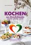 „KOCHEN in Hochblüte: gesund – günstig – genial“. Bunter Tisch mit Obst, Kuchen und Blütenzweig, zentrales Herz-Logo., Buch