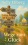 Schilder: Cottage, Golden Arrow Ranch, Wolf & Copper, Paris. Darunter "Wege zum Glück", ländliche Szene mit Haus und Reiter., Buch