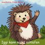 Text oben: "Geschichte Frank Müller"  
Text unten: "Iggi kann nicht schlafen"  
Illustration: Igel mit rotem Halstuch winkt, Hintergrund Pflanzen., Buch