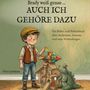Ein Junge mit Mütze steht neben einem gebauten Holzklotzturm und einem grünen Dinosaurier., Buch