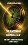 Text: "Connie Glass-Enczmann, The Jigglewind Chronicles-2, One Family, Countless Timelines, Infinite Chaos."  
Hintergrund: Eine Uhr mit römischen Zahlen, durchzogen von einem Blitz., Buch