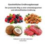 Ganzheitliches Ernährungskonzept. Beeren, Nüsse, Kokosnuss und rohes Fleisch auf weißem Hintergrund., Buch