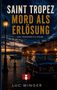 „Saint Tropez: Mord als Erlösung. Ein Frankreich-Krimi.“ Abendstimmung mit Auto und beleuchteten Gebäuden am Wasser., Buch