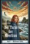 „Frauke König, Der Turm der Meerfrau, Band I – Meerfrauen Zyklus.“ Illustration: Frau mit rotem Haar an einem stürmischen Meer., Buch