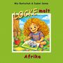 "LOCKE malt Afrika". Illustration: Ein Kind mit lockigem Haar zeichnet ein Nashorn im Freien, umgeben von Farben und Buntstiften., Buch
