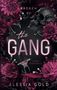 „Broken by the Gang“, „Dark Romance“, „Alessia Gold“. Ein Schädel, Rosen, ein Schwert und Ketten, alles in dunklem Rosa., Buch