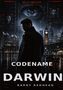 "AN AI THRILLER", "CODENAME DARWIN", "BARRY REDHEAD". Ein Mann steht im Regen vor urbaner Skyline, riesiges Auge im Hintergrund., Buch