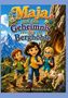"Maja und das Geheimnis der Berghöhle" ist der Titel. Drei fröhliche Kinder wandern mit einem Ziegenbaby auf einem Bergpfad., Buch