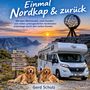 "Einmal Nordkap & zurück" und "Gerd Schulz" auf Nord-Europa-Karte. Route markiert, dazu drei Fotos: Globus-Skulptur und Statue., Buch