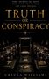 "Some secrets are kept. Some lives are priced. The cabal decides. Truth or Conspiracy. Human life priceless? Power. Control." Eine luxuriöse, dunkle Tischszene mit Gläsern und ledernen Stühlen., Buch
