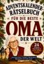 „Adventskalender-Rätselbuch für die beste Oma der Welt.“ Ältere Frau mit Brille und Stift, umgeben von Weihnachtsdeko., Buch