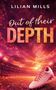 Text: "Lilian Mills, Out of their Depth." Ein rosa Fußballschuh liegt auf einem beleuchteten Stadionrasen bei Sonnenuntergang., Buch