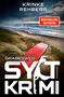 Titel: "Grabesweg Sylt Krimi"; Autorin: Krinke Rehberg. Dünenlandschaft mit rotem Surfbrett am Strand., Buch