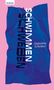 Text "SCHWIMMEN SCHWEBEN", "Jaqueline Scheiber" auf zerknittertem blauem Hintergrund, rosa Rand, Leykam-Logo., Buch