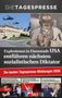 Explosionsgeräusche, Helikopter über Gebäude, Mann mit Flasche und Kopfhörern. Texte über Politik und Humor., Buch