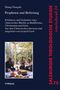 "Propheten und Befreiung" oben. Unten Männer bei Speisen in Outdoor-Szenerie, blaue Decke, Bäume im Hintergrund., Buch