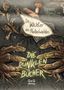"Die Wächter des Nebelwaldes" und "Die dunklen Bücher." Illustration mit Blättern, Zweigen und einem Pilz., Buch