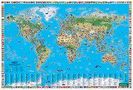 "Welt Rekorde & Wunder". Eine bunte Weltkarte mit Illustrationen von Tieren, Sehenswürdigkeiten und Flaggen., Karten