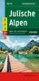 "Julische Alpen" und "Wander-, Rad- und Freizeitkarte 1:50 000". Holzsteg über türkisfarbenem Wasser vor Bergkulisse.