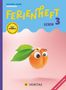 "Ferienheft Lesen 3" steht in bunten Buchstaben. Eine Aprikose mit Kulleraugen und Blättern schwebt auf rosa Hintergrund., Buch