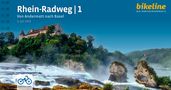 "Rhein-Radweg | 1, Von Andermatt nach Basel, 1:50.000." Oben grünes Logo "bikeline". Bild zeigt Fluss, Schloss und Wasserfälle.